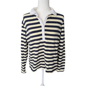 Y2K Tommy Hilfiger Cream & Navy Striped Long-Sleeve Polo XL